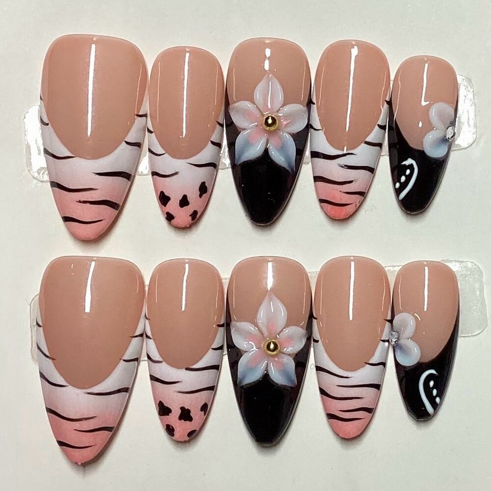 Y2K 3D Flower Peach Zebra French Tip Almond Handmade Press On Nails Medium